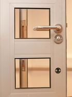 Lightweight aluminium door with combination lock with handles and bathrooom indicator exterior view 