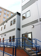 Hospital windows at entrance to Leicester Royal Infirmary